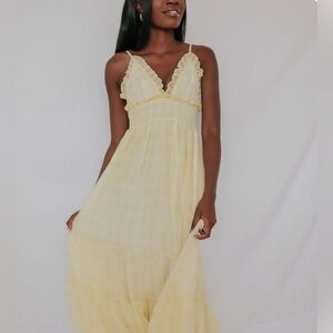 Long skinny strap yellow and white checker maxi dress